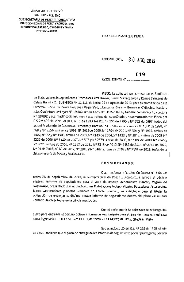 Res. Ex. N° 19-2019 (DZP  Valparaíso, O'Higgins Y Maule) Prorroga 18° Seguimiento.