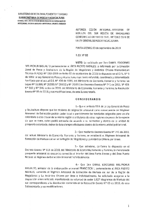 Res. Ex. N° 02-2019 (DZP Magalanes y Antártica Chilena) Autoriza cesión de Merluza del sur.