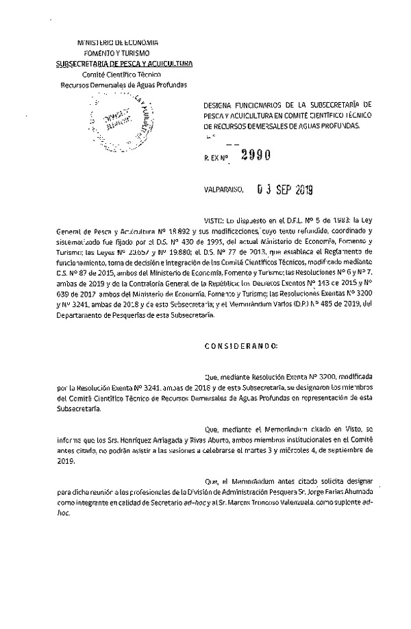 Res. Ex. N° 2990-2019 Designa Funcionarios de la Subsecretaría de Pesca y Acuicultura en Comité Científico Técnico de Recursos Demersales de Aguas Profundas. (Publicado en Página Web 04-09-2019)