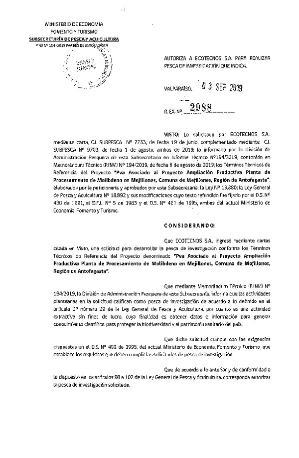 Res. Ex. N° 2988-2019 Plan de vigilancia ambiental Región de Antofagasta.