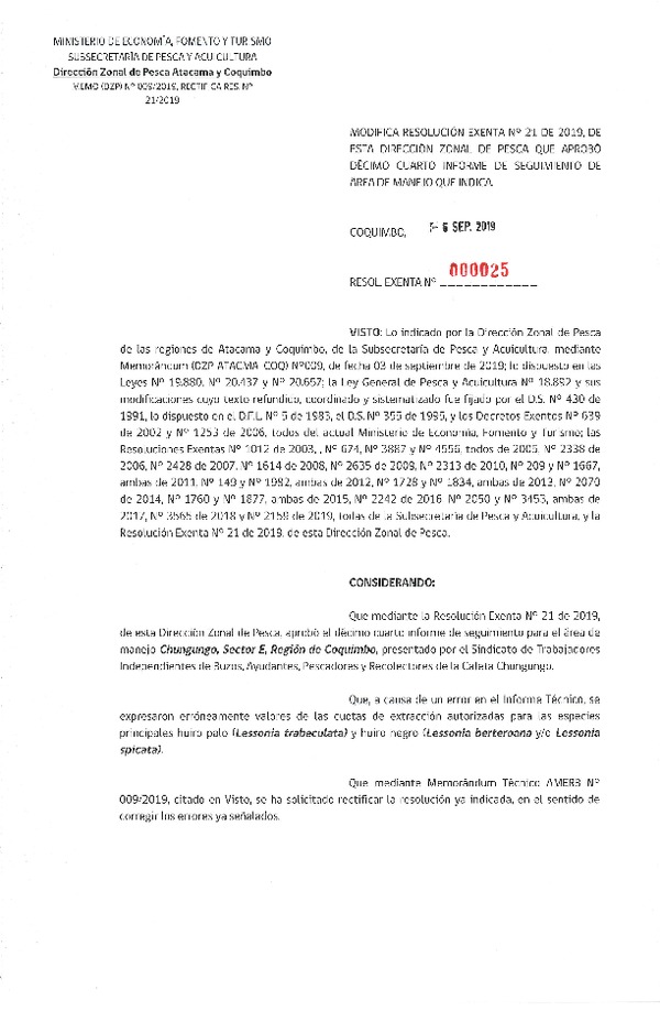 Res. Ex. N° 25-2019 Modifica Res. Ex. N° 21-2019 (DZP Atacama y Coquimbo) 14° Seguimiento.