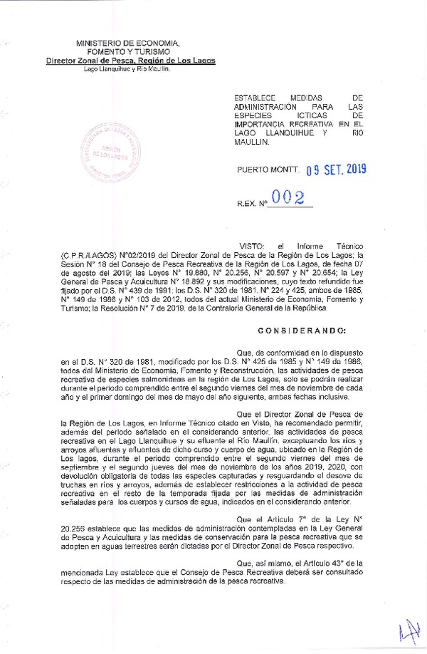 Res. Ex. N° 2-2019 (DZP Región de Los Lagos) Establece Medidas de Administración para las Especies Ícticas de Importancia Recreativa en el Río Llanquihue y Río Maullín. (Publicado en Página Web 10-09-2019) (F.D.O. 04-10-2019)