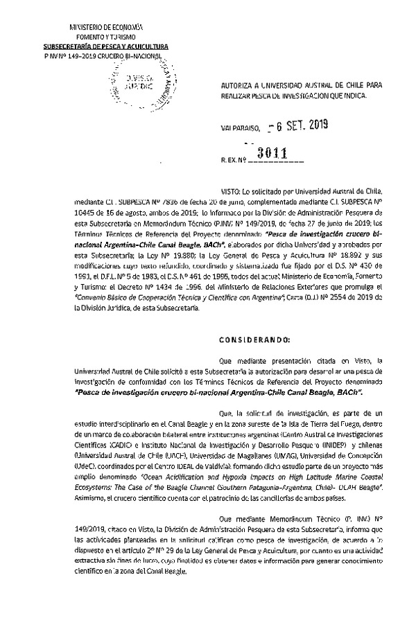 Res. Ex. N° 3011-2019 Pesca de investigación crucero bi-nacional Argentina-Chile.