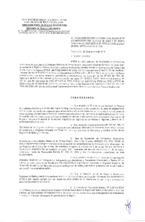 Res. Ex. N° 130-2019 (DZP VIII) Autoriza cesión Anchoveta y sardina común Regiones de Ñuble y del Biobío.