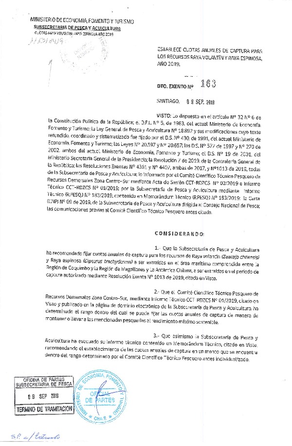 Dec. Ex. N° 163-2019 Establece Cuotas Anuales de Captura para los Recursos Raya Volantín y Raya Espinosa, Entre la Región de Coquimbo y de Magallanes. (Publicado en Página Web 10-09-2019) (F.D.O. 13-09-2019)