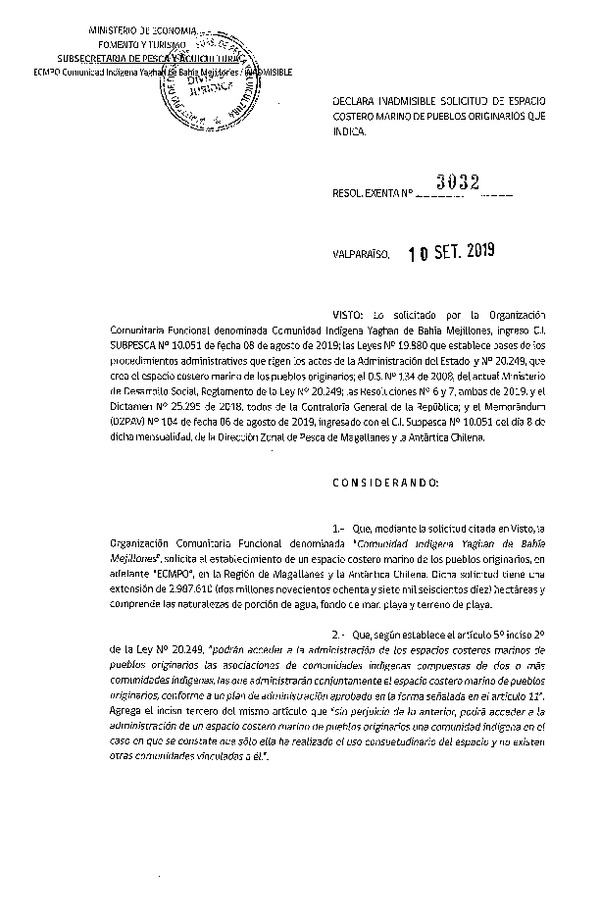 Res. Ex. N° 3032-2019 Declara inadmisible solicitud de ECMPO, Región de Magallanes y la Antártica Chilena.