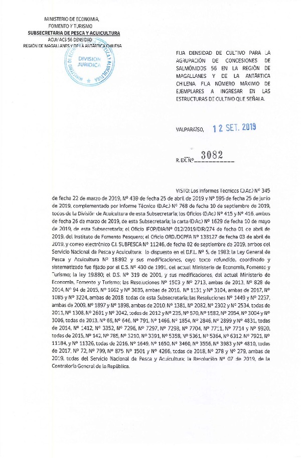 Res. Ex. N° 3082-2019 Fija Densidad de Cultivo para la Agrupación de Concesiones de Salmónidos 56, Región de Magallanes. (Con Informe Técnico) (Publicado en Página Web 12-09-2019) (F.D.O. 26-09-2019)