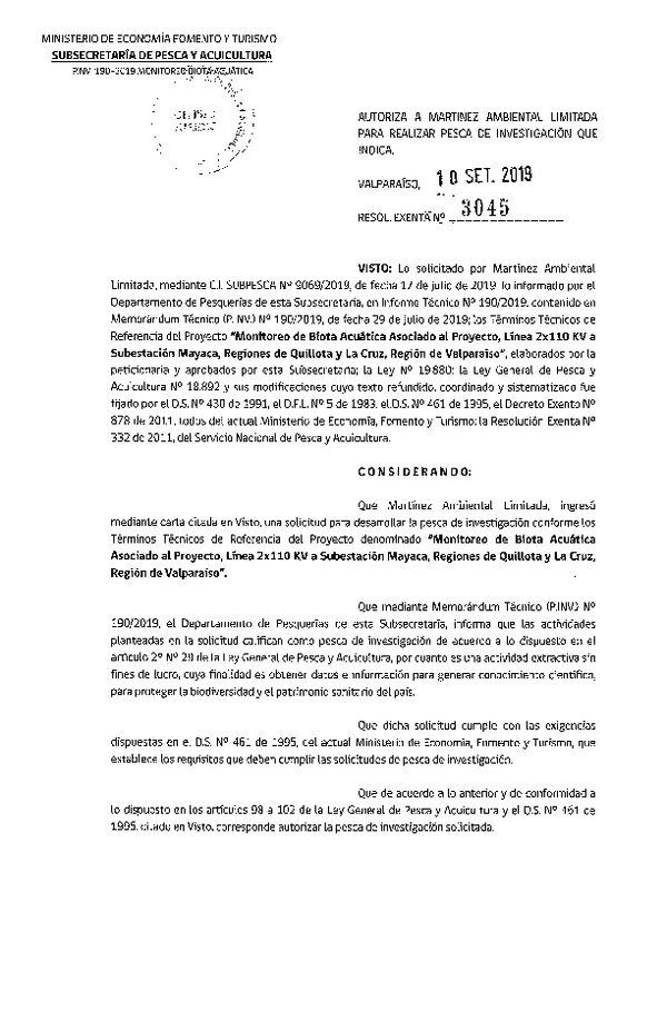 Res. Ex. N° 3045-2019 Monitoreo de biota acuática, Región de Valparaíso.