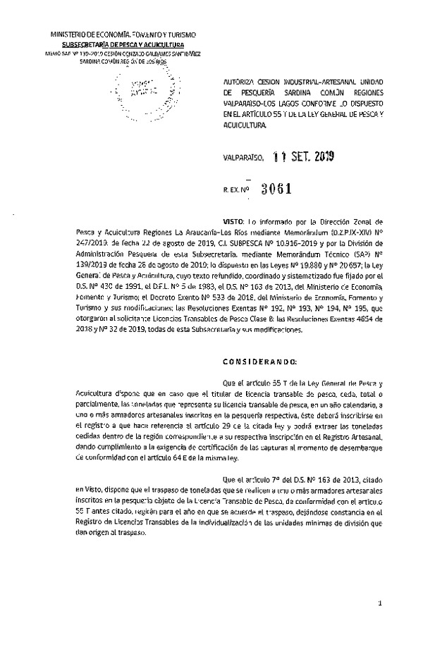Res. Ex. N° 3061-2019 Autoriza cesión pesquería Sardina común, Regiones de Valparaíso a Los Lagos.
