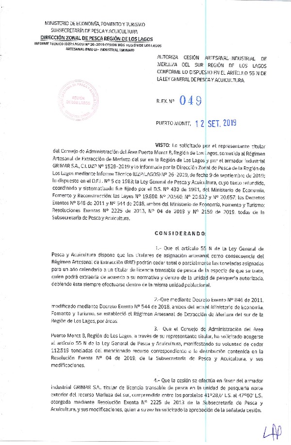 Res. Ex. N° 49-2019 (DZP Los Lagos) Autoriza cesión merluza del sur, Región de Los Lagos.
