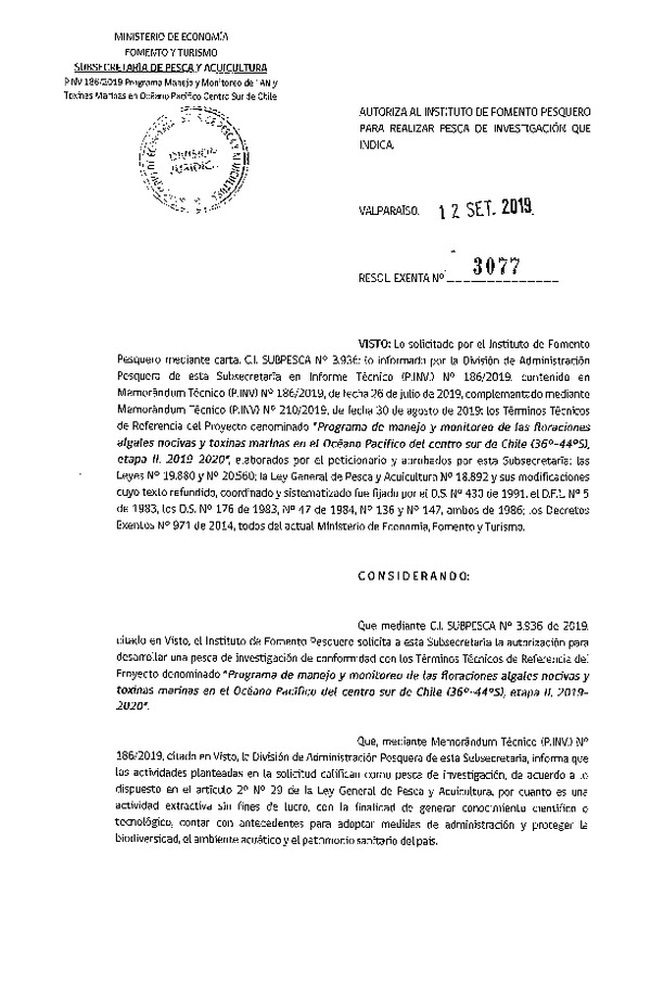 Res. Ex. N° 3077-2019 Programa de manejo y monitoreo de las floraciones algales nocivas y toxinas en el Océano Pacífico del centro sur de Chile.