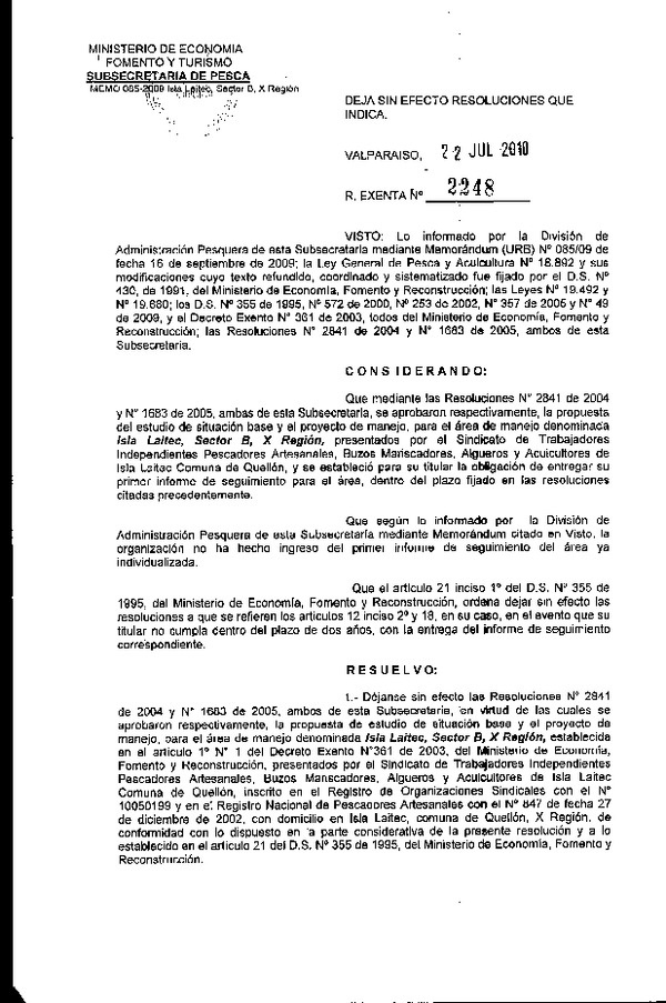 Res. Ex. N° 2248-2010 Deja sin efecto Resoluciones que indica.