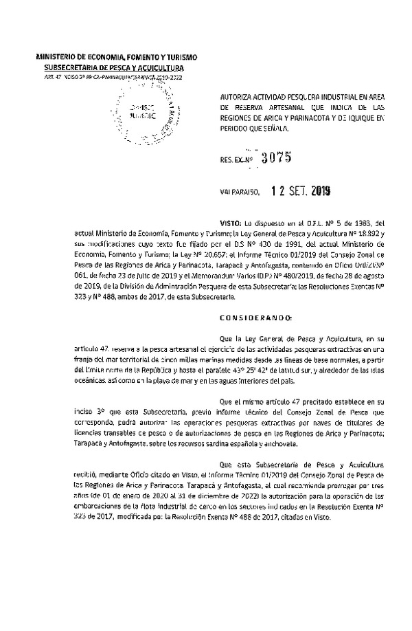 Res. Ex. N° 3075-2019 Autoriza Actividad Pesquera Industrial en Área de Reserva Artesanal que Indica de las Regiones de Arica y Parinacota y de Iquique, Período que Señala.. (Publicada en Página Web 13-09-2019) (F.D.O. 26-09-2019)