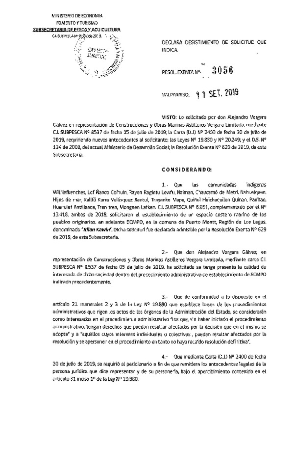 Res. Ex. N° 3056-2019 Declara desistimiento de solicitud de ECMPO que indica. (Publicado en Página Web 13-09-2019)