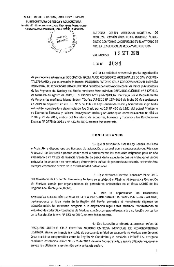 Res. Ex. N° 3094-2019 Autoriza cesión Merluza común Regiones Ñuble y Biobío.