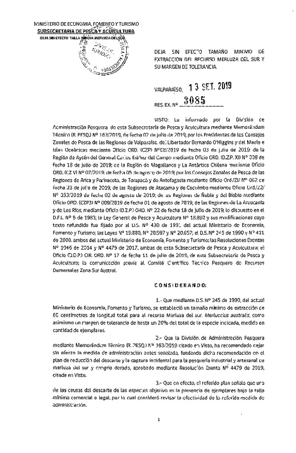 Res. Ex. N° 3085-2019 Deja sin efecto tamaño mínimo de extracción del recurso merluza del sur y su margen de tolerancia. (Publicado en Página Web 16-09-2019) (F.D.O. 26-09-2019)