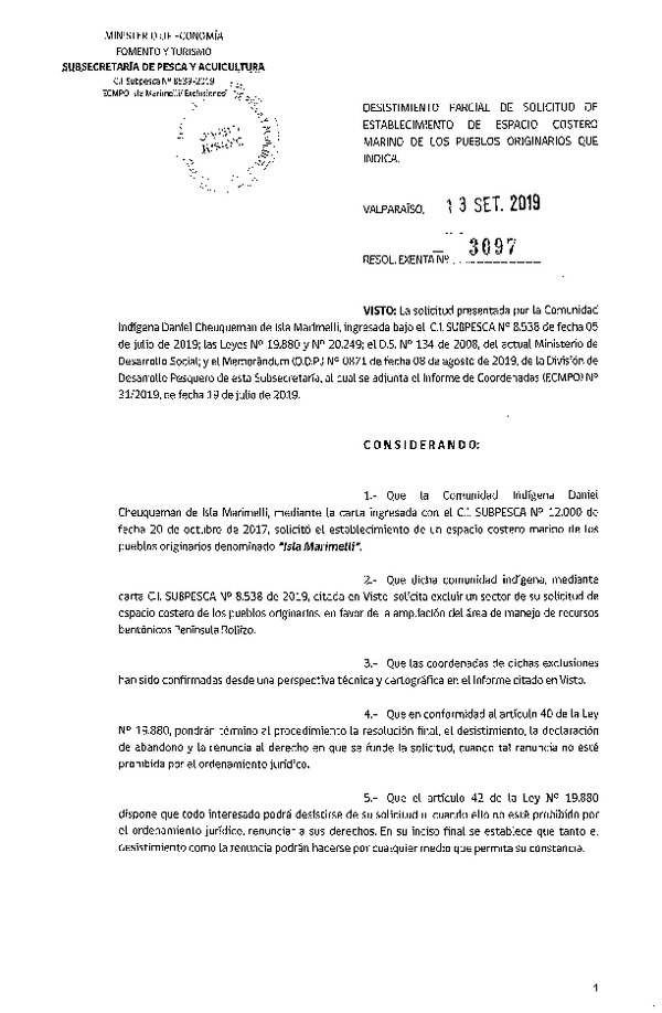 Res. Ex. N° 3097-2019 Desistimiento parcial de solicitud de establecimiento de ECMPO. (Publicado en Página Web 17-09-2019)