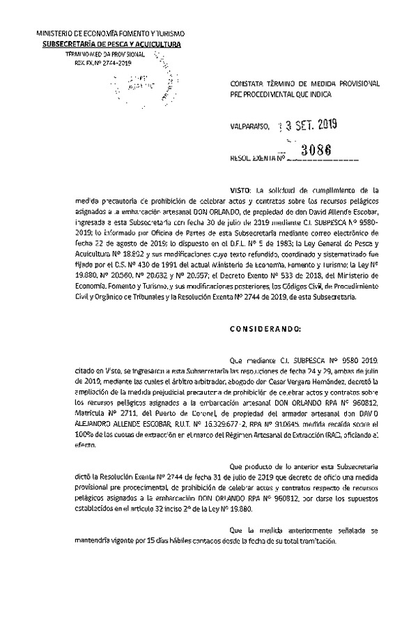 Res. Ex. N° 3086-2019 Constata término de medida provisional pre procedimental que indica.