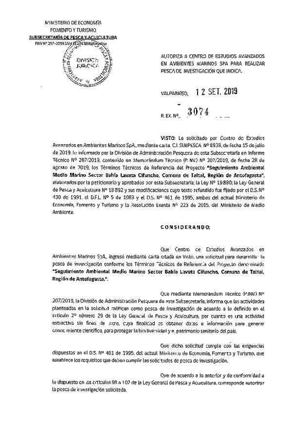 Res. Ex. N° 3074-2019 Seguimiento ambiental Región de Antofagasta.
