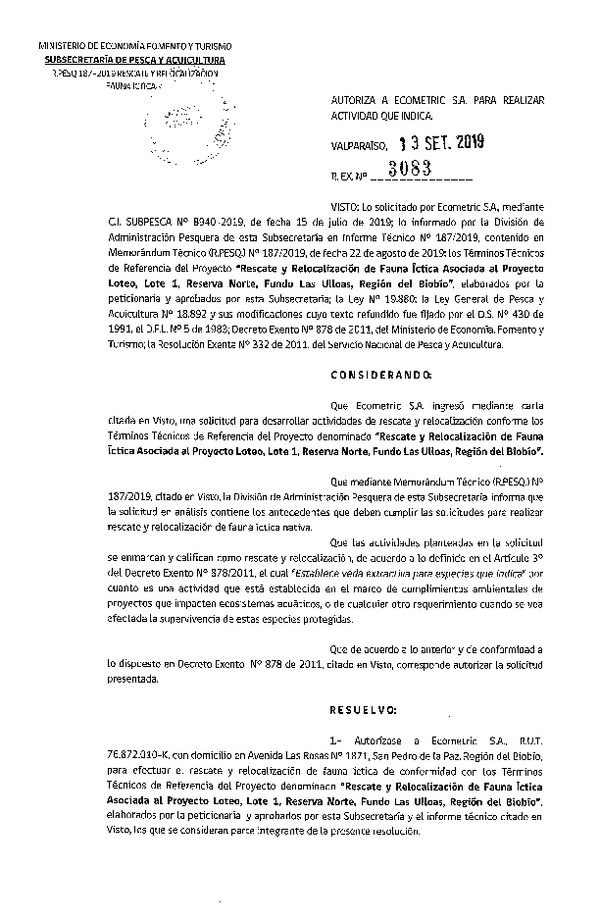 Res. Ex. N° 3083-2019 Rescate y relocalización fauna íctica.
