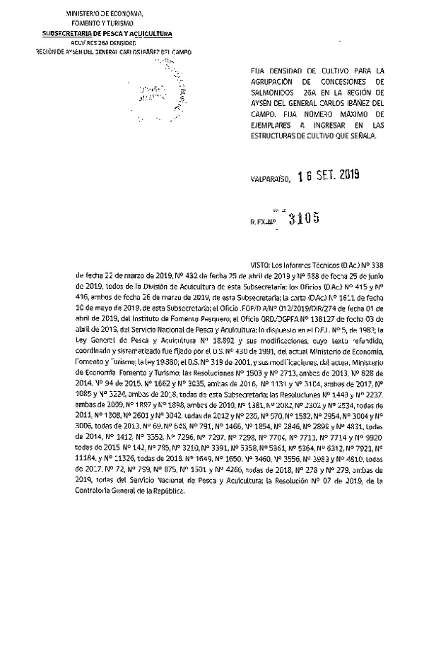 Res. Ex. N° 3105-2019 Fija Densidad de Cultivo para la Agrupación de Concesiones de Salmónidos 26A, Región de Aysén del General Carlos Ibañez del Campo. (Con Informe Técnico) (Publicado en Página Web 23-09-2019) (F.D.O. 28-09-2019)