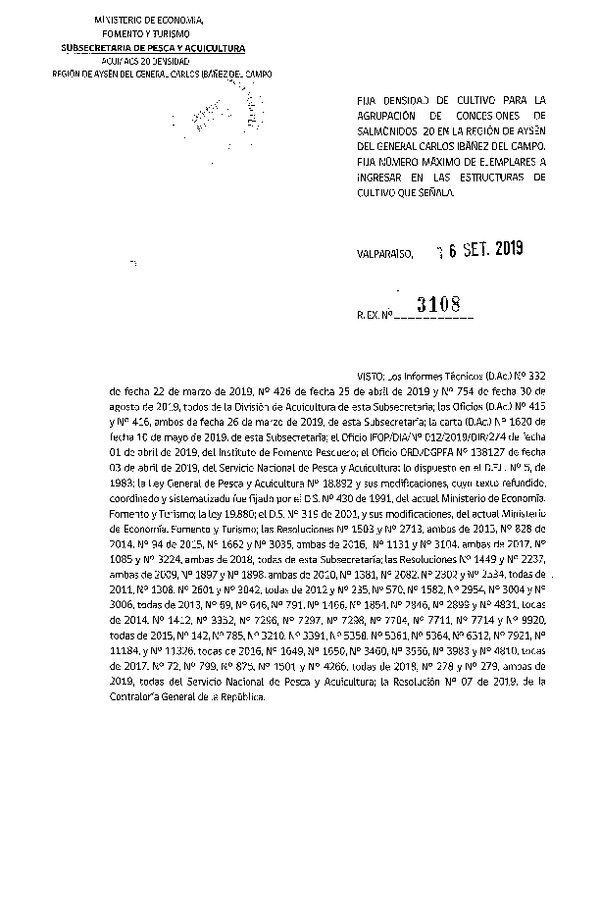 Res. Ex. N° 3108-2019 Fija Densidad de Cultivo para la Agrupación de Concesiones de Salmónidos 20, Región de Aysén del General Carlos Ibañez del Campo. (Con Informe Técnico) (Publicado en Página Web 23-09-2019) (F.D.O. 28-09-2019)