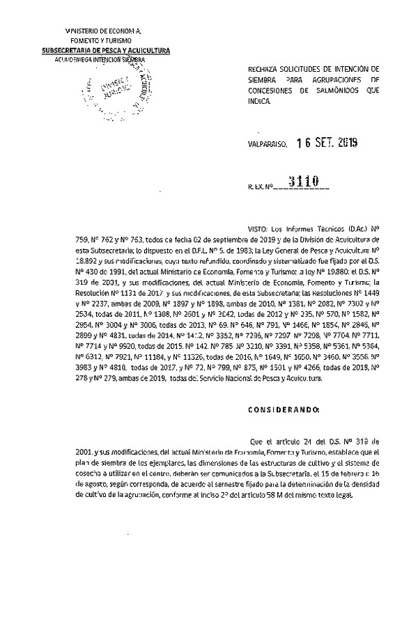 Res. Ex. N° 3110-2019 Rechaza solicitudes de intención de siembra para agrupaciones de concesiones de salmónidos que indica. (Publicado en Página Web 23-09-2019)