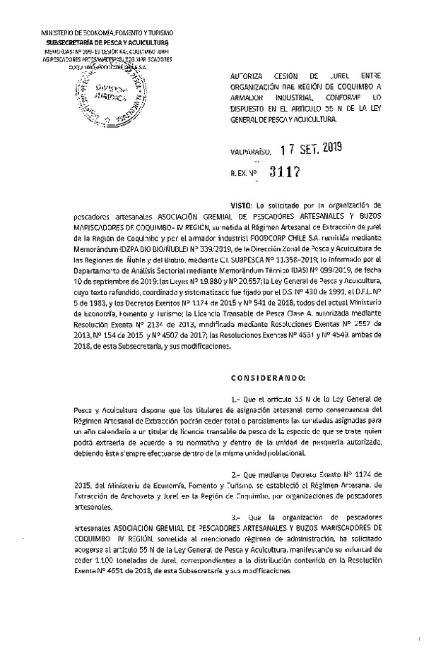 Res. Ex. N° 3117-2019 Autoriza cesión jurel, Región de Coquimbo.