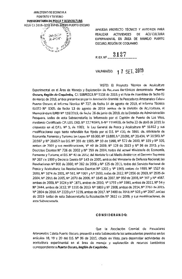 Res. Ex. N° 3127-2019 Aprueba proyecto técnico y autoriza para realizar actividades de acuicultura en área de manejo Puerto Oscuro, Región de Coquimbo. (Publicado en Página Web 23-09-2019)