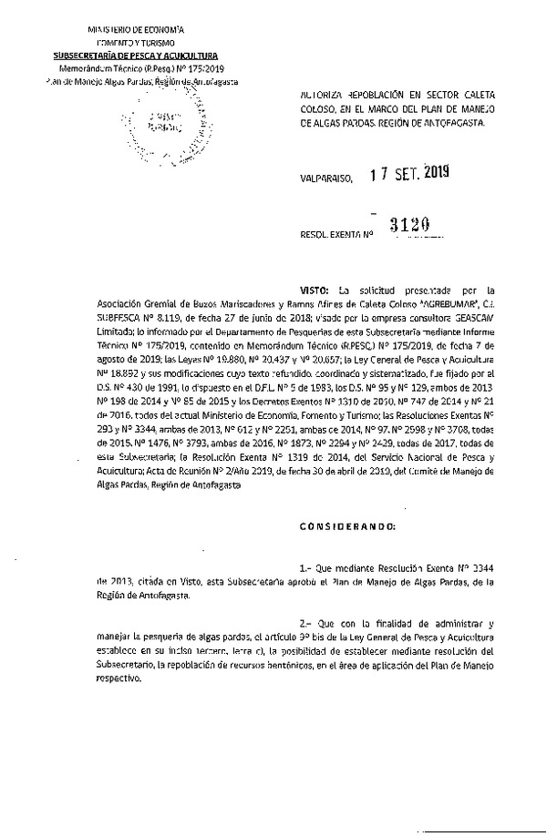 Res. Ex. N° 3120-2019 Autoriza repoblación en sector Caleta Coloso en el marco del Plan de Manejo e Algas Pardas, Región de Antofagasta. (Publicado en Página Web 23-09-2019)