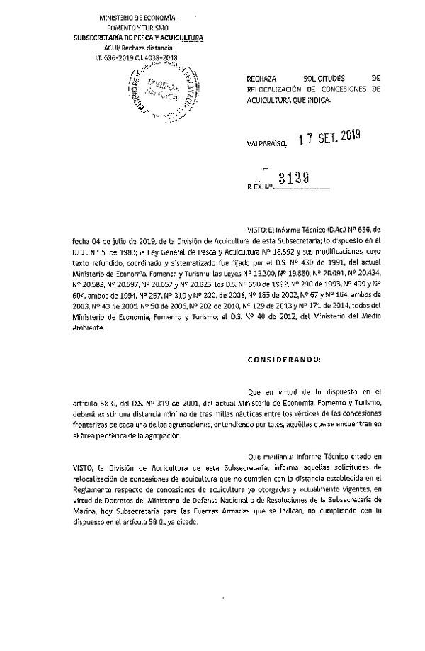 Res. Ex. N° 3129-2019 Rechaza solicitudes de relocalización de concesiones de acuicultura que indica.