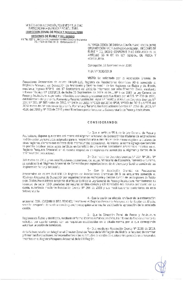 Res. Ex. N° 132-2019 (DZP VIII) Autoriza cesión Anchoveta y sardina común Regiones de Ñuble y del Biobío.