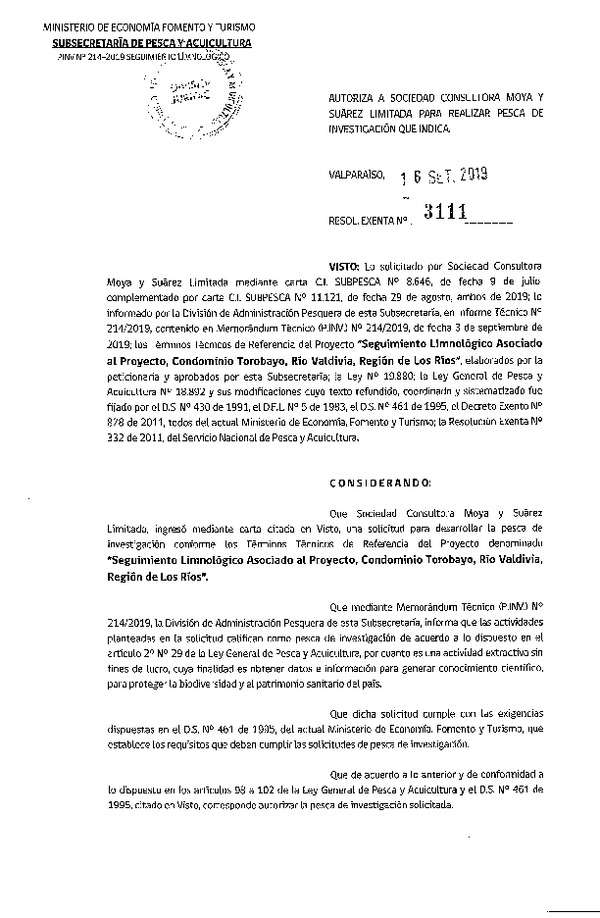 Res. Ex. N° 3111-2019 Seguimiento limnológico Río Valdivia, Región de Los Ríos.