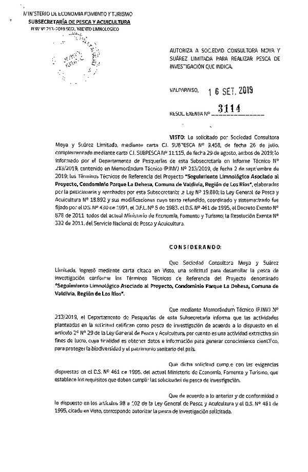 Res. Ex. N° 3114-2019 Seguimiento limnológico, comuna de Valdivia, Región de Los Lagos.