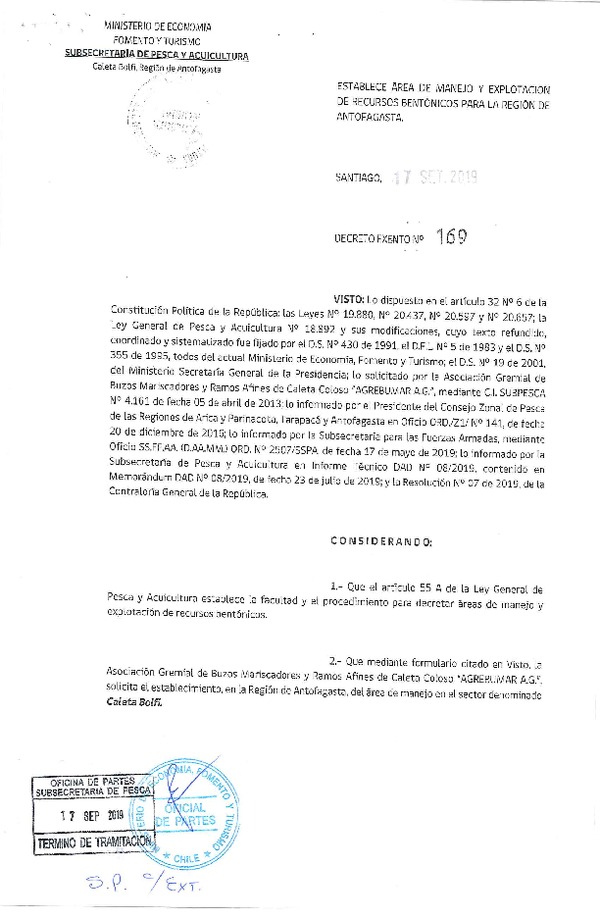 Dec. Ex. N° 169-2019 Establece Área de Manejo Caleta Bolfi, Región de Antofagasta. (Publicado en Página Web 24-09-2019)