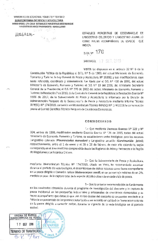 Dec. Ex. N° 170-2019 Establece Porcentaje de Desembarque de Langostino Colorado y Langostino Amarillo Como Fauna Acompañante de Especie que Indica. (Publicado en Página Web 24-09-2019) (F.D.O. 27-09-2019)