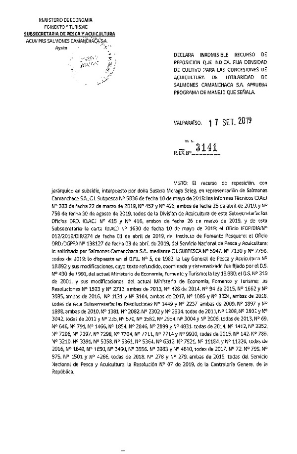 Res. Ex. N° 3141-2019 Declara inadmisible recurso de reposición que indica. Fija densidad de cultivo que señala. (Publicado en Página Web  24-09-2019)