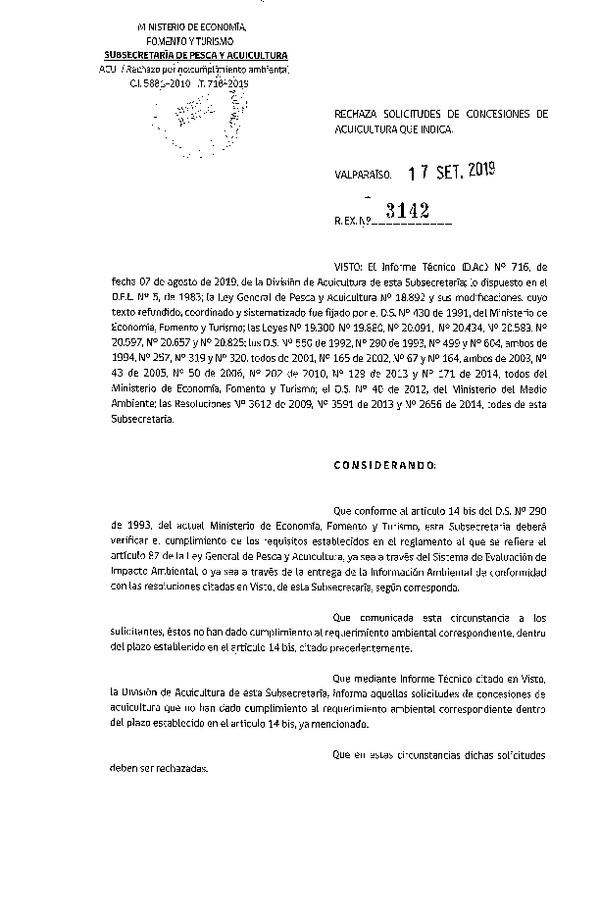 Res. Ex. N° 3142-2019 Rechaza solicitudes de concesiones de acuicultura que indica.