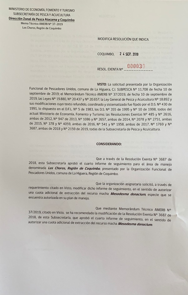 Res. Ex. N° 30-2019 (DZP Atacama y Coquimbo) Modifica Res. Ex. N° 3687-2018.