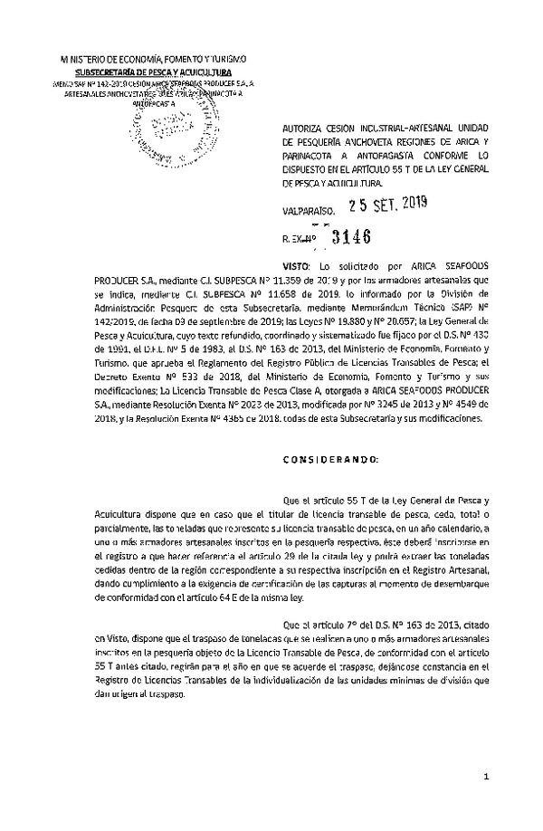 Res. Ex. N° 3146-2019 Autoriza cesión anchoveta, Regiones de Arica y Parinacota a Antofagasta.