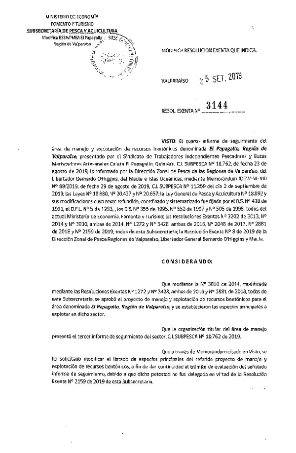 Res. Ex. N° 3144-2019 Modifica Res. Ex. N° 3010-2014.