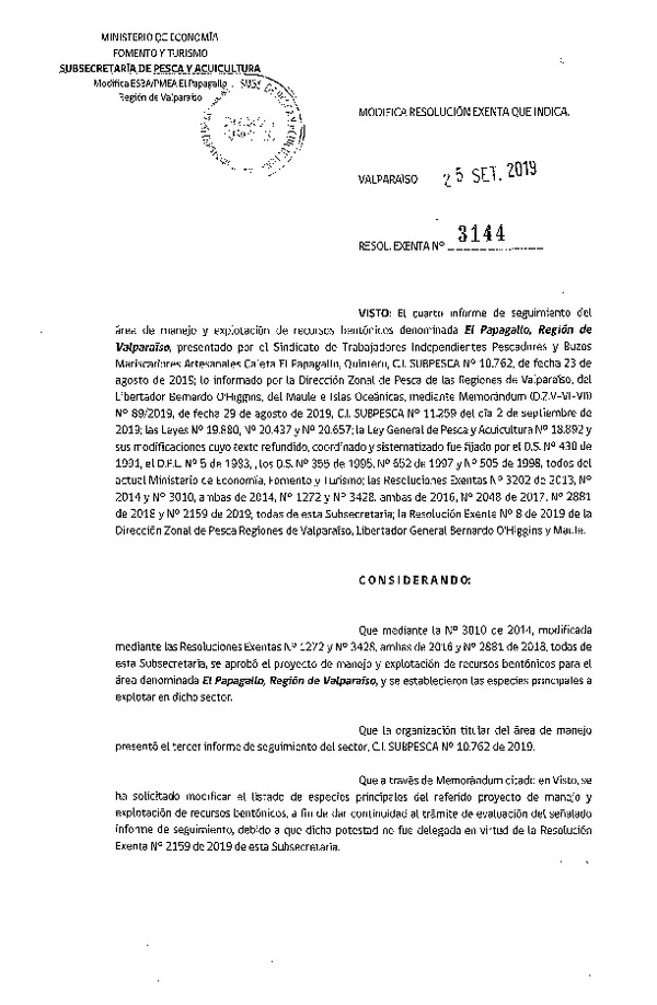 Res. Ex. N° 3144-2019 Modifica Res. Ex. N° 3010-2014.