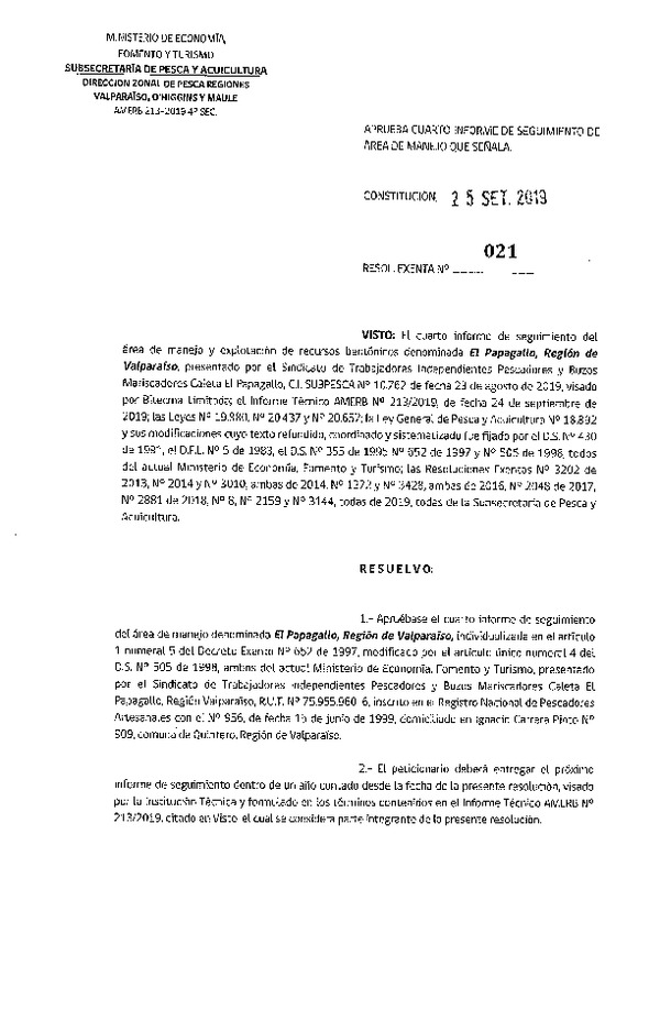 Res. Ex. N° 21-2019 (DZP Valparaíso, O'Higgins y Maule) 4° Seguimiento.