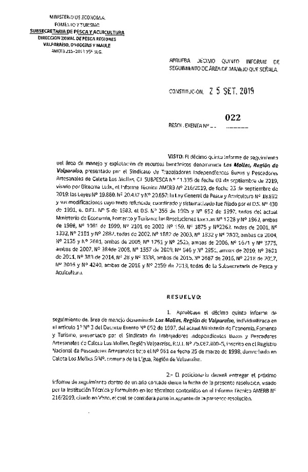 Res. Ex. N° 22-2019 (DZP Valparaíso, O'Higgins y Maule) 15° Seguimiento.