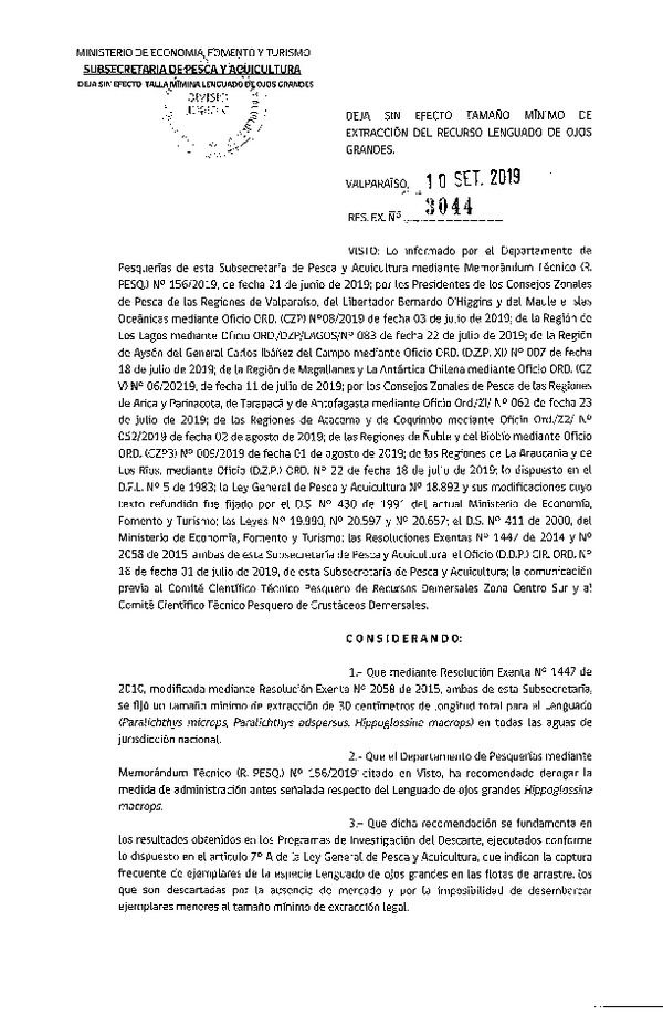 Res. Ex. N° 3044-2019 Deja sin efecto Tamaño Mínimo de Extracción del Recurso Lenguado de Ojos Grandes. (Publicado en Página Web 26-09-2019) (F.D.O. 26-09-2019)