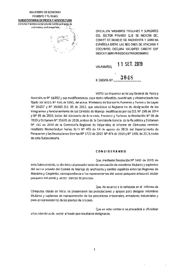 Res. Ex. N° 3048-2019 Oficializa Miembros Titulares y Suplentes del sector Privado que se Indican del Comité de Manejo de Anchoveta y Sardina Española. (F.D.O. 26-09-2019)