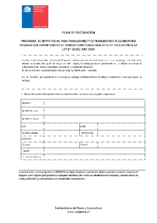 Ficha de postulación al programa de apoyo social (Res. Ex. N°3134-2019)