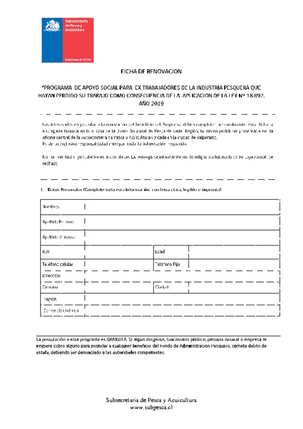 Ficha de renovación al programa de apoyo social (Res. Ex. N°3134-2019)