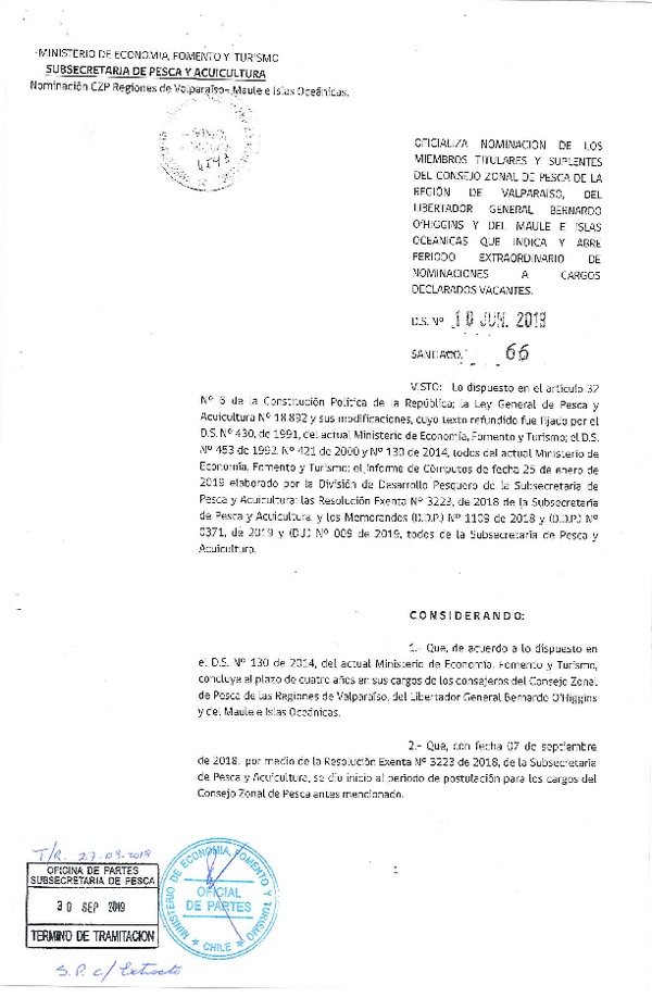 D.S. 66-2019 Oficializa Nominación de los Miembros Titulares y Suplentes del Consejo Zonal de Pesca de las Regiones de Valparaíso, del Libertador General Bernardo O'Higgins, del Maule e Islas Oceánicas que Indica. (Publicado en Página Web 01-10-2019) (F.D.O. 04-10-2019)