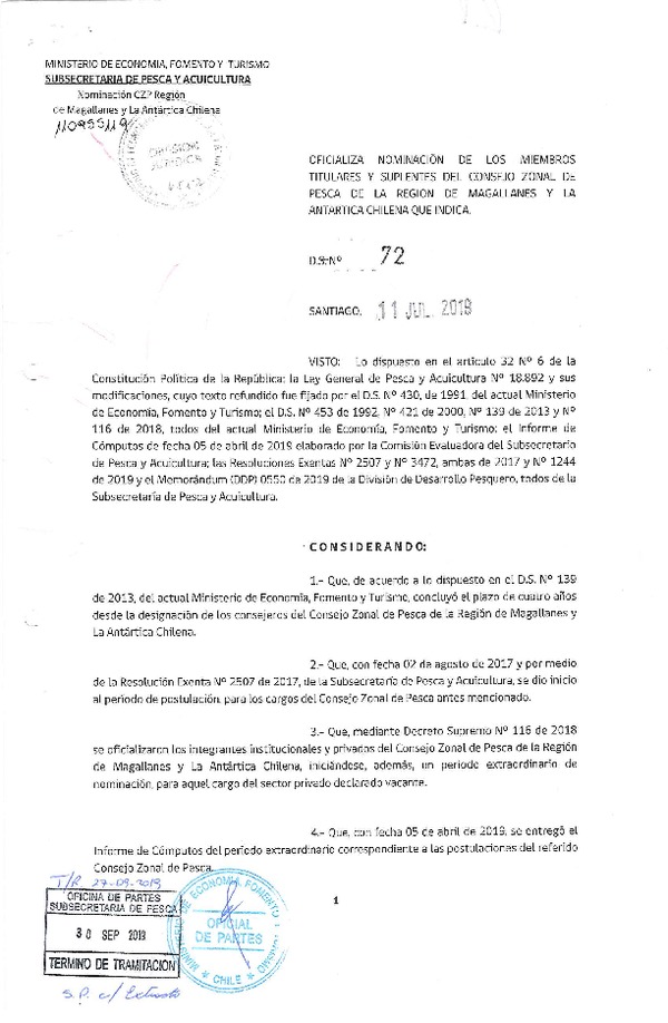 D.S. 72-2019 Oficializa Nominación de los Miembros Titulares y Suplentes del Consejo Zonal de Pesca de la Región de Magallanes y la Antártica Chilena que Indica. (Publicado en Página Web 01-10-2019)(F.D.O. 04-10-2019)